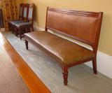 Mahogany, leather cloth upholstered Settle complete.